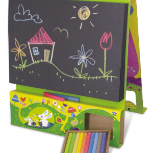 Chalkboard suitcase in cardboard and black recycled paper, size 36x33 cm.