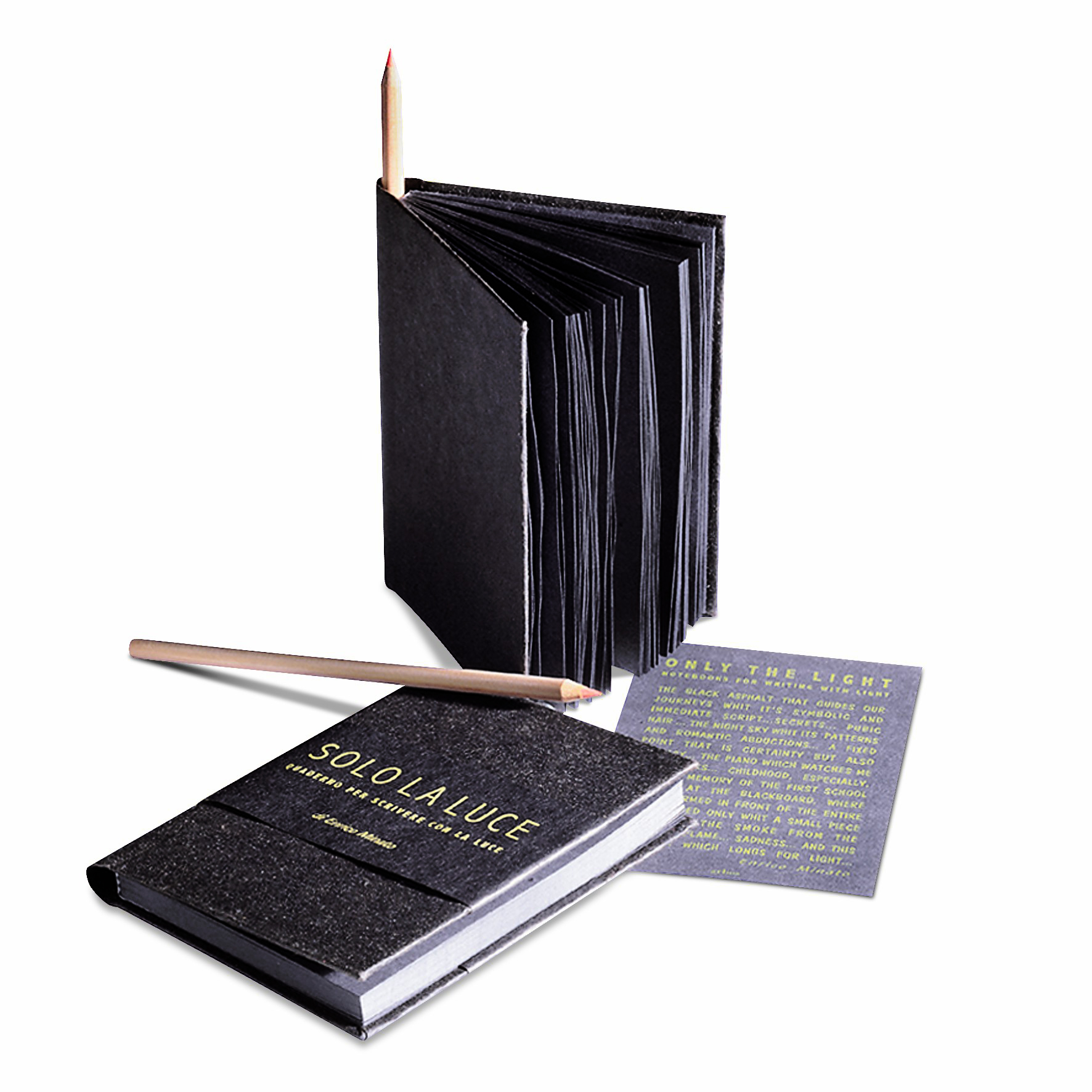 A6 "Solo la Luce" notebook in Tar Paper® with black paper, fluorescent pastel, and gift box included.